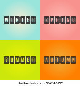 vector four seasons Winter, Spring, Summer, Autumn Scoreboard, blue, white, pink, yellow, green, orange and black symbol isolated on background