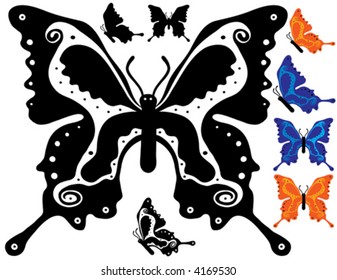 Vector Four sets of two butterflies in different colors. Blue, orange, black or black and white.