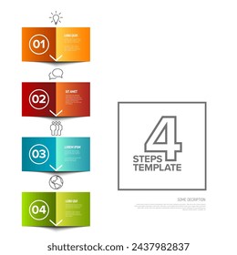 Vector cuatro sencillos pasos de papel plegado de colores plantilla de progreso con descripciones e iconos. Conjunto vertical de papeles doblados como cuatro pasos del procedimiento