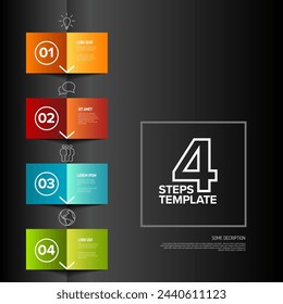 Vector four simple colorful folded paper steps progress template with descriptions and icons. Vertical set od folded papers as four steps of procedure on dark folded paper