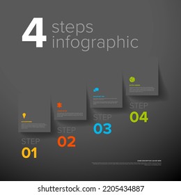 Vector cuatro sencillos pasos de papel plegado de color gris oscuro con descripciones e iconos. Diagonal establece los papeles doblados como cuatro pasos de procedimiento
