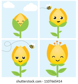Vector of four stages of growth of a happy yellow flower and a bee