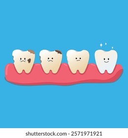 The vector of four teeth depicts teeth that are starting to turn yellow and have holes in them accompanied by happy to sad expressions. suitable for a campaign to regularly brush children's teeth