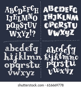 Vector four type letters and punctuation marks. Distressed chalk vector font on the dark background. Hand drawn letters. Chalkboard sans and serif Uppercase and lowercase alphabets
