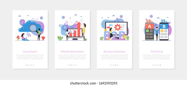 Vector four vertical flat mobile banners - cloud, b2b, optimization and a-b testing