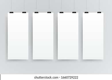 Vector cuatro hojas de papel de formato vertical rectangular sobre fondo gris. Hoja vacía de orientación vertical de plantilla de papel. Cuatro hojas, afiches, banner, fondo, en blanco, marco