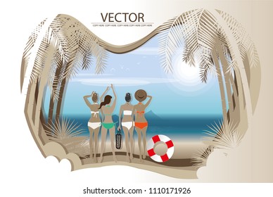 vector four young girl stand on the beach background.summer trip.party card.