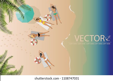 vector four young girls sunbath on the beach.paradise.summer
