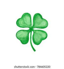 Vector four-leaf clover. Hand drawn watercolor illustration on white.