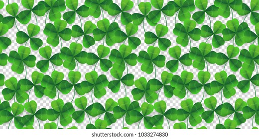 Vector four-leaf clover seamless pattern background. Lucky fower-leafed green background for Irish beer festival St Patrick's day. 3d realistic vector green grass clover isolated pattern background