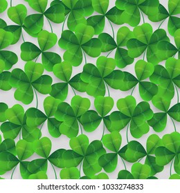Vector four-leaf clover seamless pattern background. Lucky fower-leafed green background for Irish beer festival St Patrick's day. 3d realistic vector green grass clover isolated pattern background