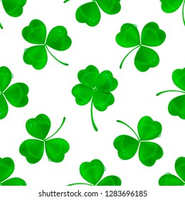 Vector four-leaf clover seamless pattern background. Lucky fower-leafed green background for Irish beer festival St Patrick's day. 3d realistic vector green grass clover isolated pattern background