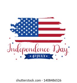 Vector Fourth of July hand lettering.Happy Independence Day of United States of America with flag