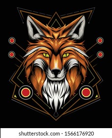 vector fox animal face illustration. fox head with ornament background. T-shirt design, print decoration
