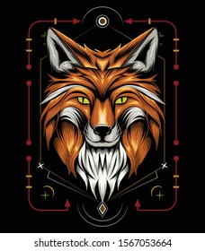 vector fox animal face illustration. fox head with ornament background. T-shirt design, print decoration