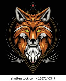 vector fox animal face illustration. fox head with ornament background. T-shirt design, print decoration