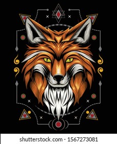 vector fox animal face illustration. fox head with ornament background. T-shirt design, print decoration