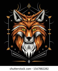 vector fox animal face illustration. fox head with ornament background. T-shirt design, print decoration