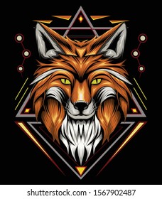 vector fox animal face illustration. fox head with ornament background. T-shirt design, print decoration