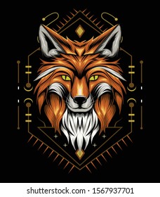 vector fox animal face illustration. fox head with ornament background. T-shirt design, print decoration