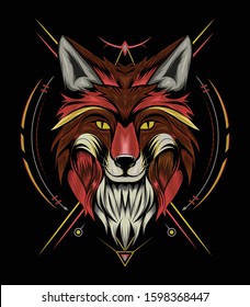 vector fox animal face illustration. fox head logo with ornament background. T-shirt design, print decoration