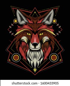 vector fox animal face illustration. fox head logo with ornament background. T-shirt design, print decoration