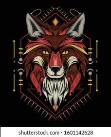 vector fox animal face illustration. fox head logo with ornament background. T-shirt design, print decoration