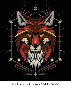 vector fox animal face illustration. fox head logo with ornament background. T-shirt design, print decoration