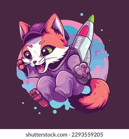 Vector fox astronaut riding rocket in space cartoon vector icon illustration. animal science isolated