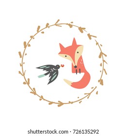 Vector fox and bird. Poster, postcard, print, illustration, sticker, label and other.