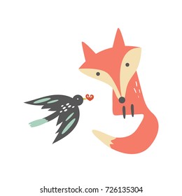 Vector fox and bird. Poster, postcard, print, illustration, sticker and other.