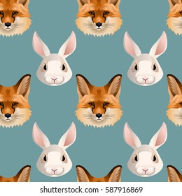 Vector fox and bunny portraits seamless pattern wild animals fabrik design