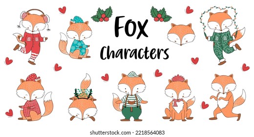 Vector fox collection designed in doodle style on white background. For decorations, stickers, baby clothes, bags design, art for kids, t-shirt designs, and more.