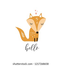 Vector fox face with phrase hello. Cute hand drawn illustration. Good for nursery room, childrens prints.