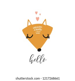 Vector fox face with phrase hello. Cute hand drawn illustration. Good for nursery room, childrens prints.