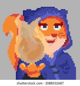  Vector of a fox fictional character with fire power. She's holding a fireball. Orange, yellow and blue cloak, in pixel art style. Fantasy and game. Bit.