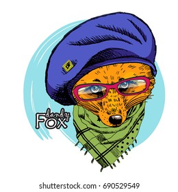 Vector fox with glasses and blue beret. Hand drawn illustration of dressed fox.