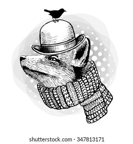 Vector fox in a hat and scarf with bird. White and black.