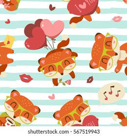 vector fox with heart seamless pattern