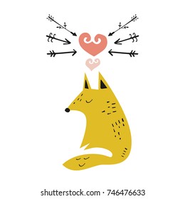 Vector fox and hearts. Poster, postcard, stickers, print, illustration, elements for design and other.