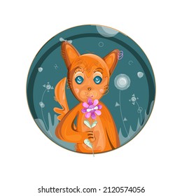 Vector fox holding a colorful flower with a butterfly sitting on it. Another butterfly is sitting on fox's ear. Fox is located on circle background decorated by abstract plants, transparent ladybugs.