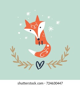 Vector fox illustration. Poster, postcard, print, sticker, label and other.
