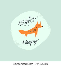 Vector fox and inscription "Happy". Poster, label, postcard, sticker, print, elements for design and other.