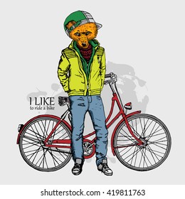 Vector fox in jacket, shirt, green cap and jeans with bike.
