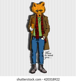 Vector fox  in jacket, shirt, tie and jeans. Red fox with portfolio. Fox man.
