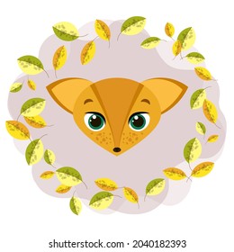 Vector fox with leaves. Сute character. Autumn motive. Element for design. Great for wallpaper, fabric, prints.