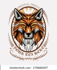 logo de vector fox. ilustración de la cara animal. cabeza de zorro con fondo de adorno. Diseño de camisetas, decoración de impresión