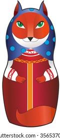 Vector Fox matryoshka. Handkerchief polka dot. Gift Fox. Smiling Fox with patterns on the sleeves. Fox on a white background