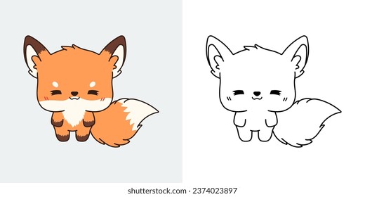 Vector Fox Multicolored and Black and White. Beautiful Clip Art Forest Animal. Cute Vector Illustration of a Kawaii Animal for Stickers, Baby Shower, Coloring Pages. 