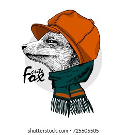Vector  fox with orange cap and green scarf . Hand drawn illustration of dressed fox.